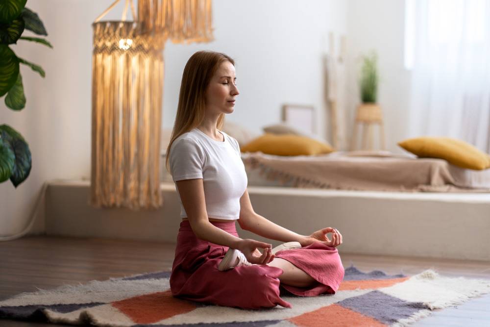 A woman practicing deep breathing in a peaceful home setting, representing the calm and clarity offered by Breathwork Classes in Denver.